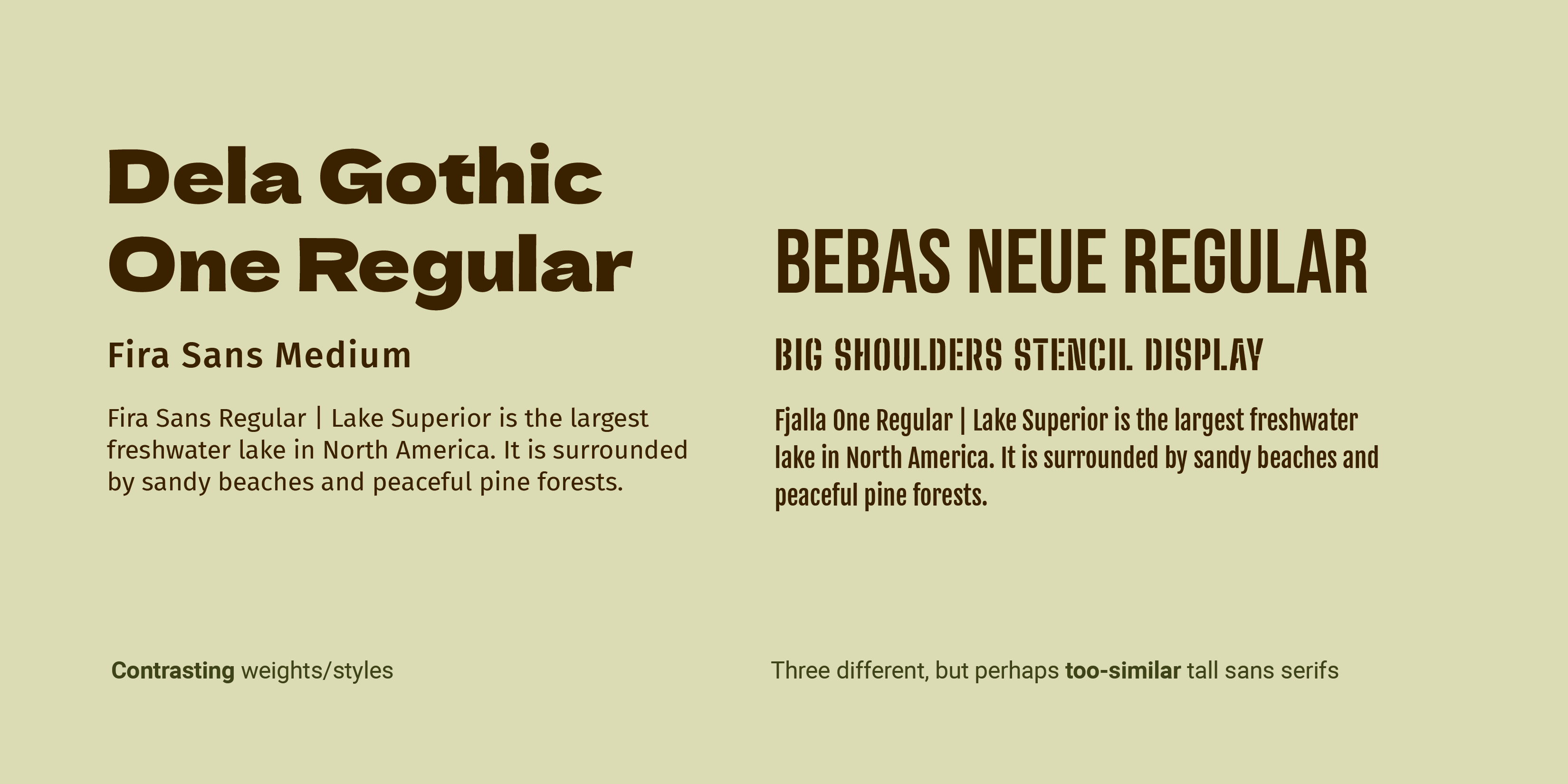 This image compares two examples of set type: the first features contrasting sizes and styles of letterforms, while the other features three examples of tall sans serif typefaces which are a bit too similar to work well together.